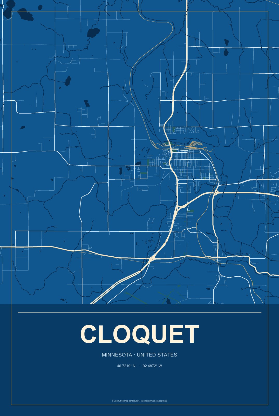 Cloquet, Minnesota City Map Aluminum Sign in Harbor Cobalt style