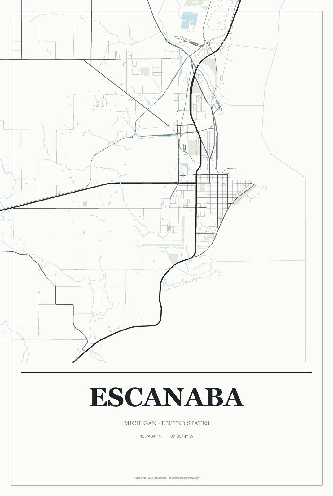 Escanaba, Michigan City Map Aluminum Sign in Gallery Air style