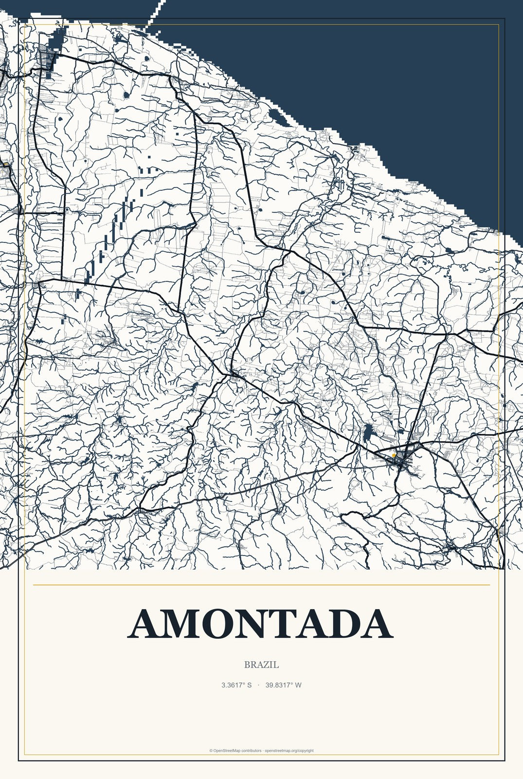 Amontada, Brazil City Map Aluminum Sign in Citrine Modern style
