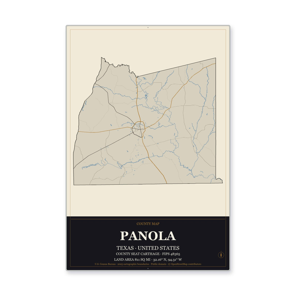 Panola County, Texas Map Aluminum Sign in Museum Plaque style