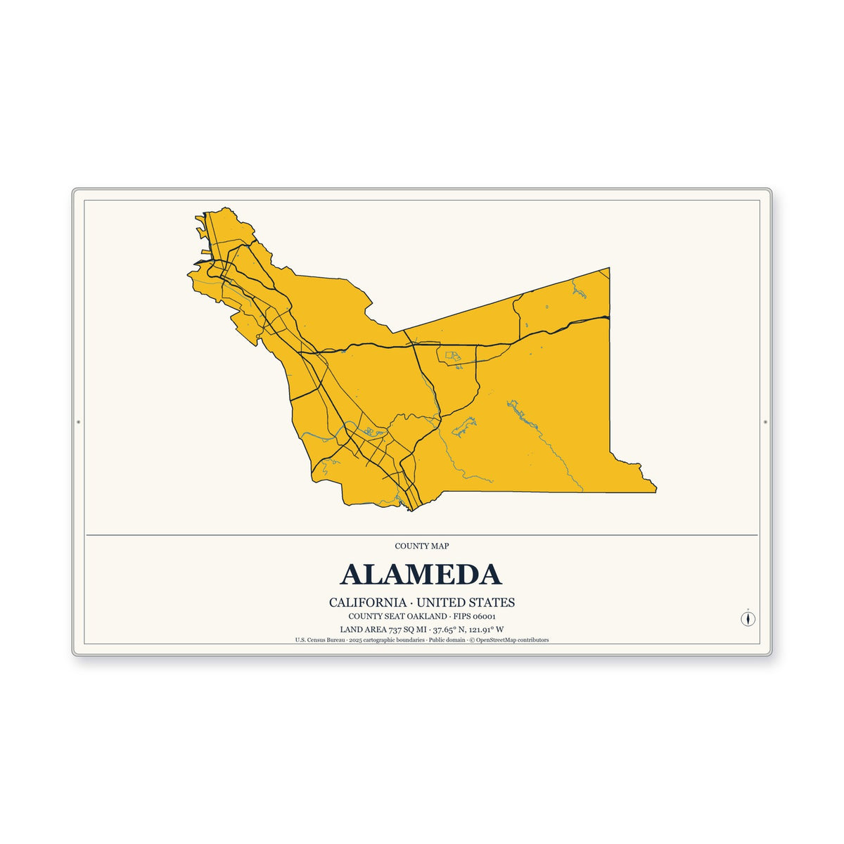 Alameda County, California Map Aluminum Sign in Citrine Modern style