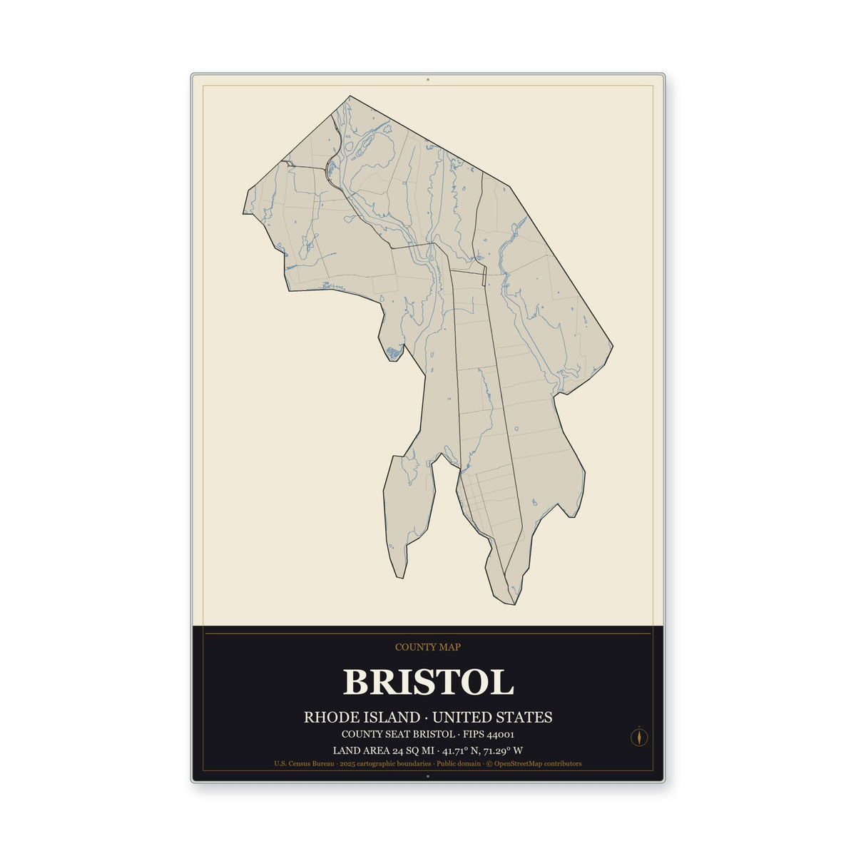 Bristol County, Rhode Island Map Aluminum Sign in Museum Plaque style