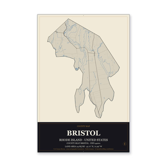 Bristol County, Rhode Island Map Aluminum Sign in Museum Plaque style