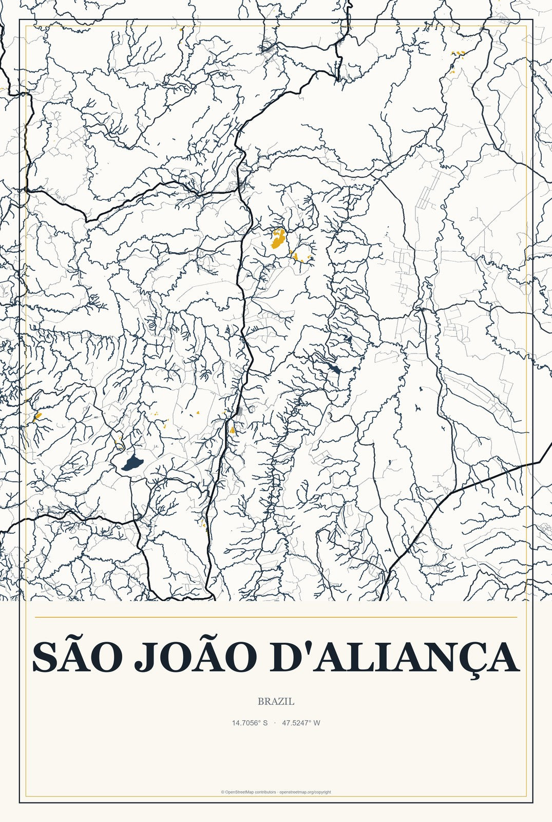 São João d'Aliança, Brazil City Map Aluminum Sign in Citrine Modern style