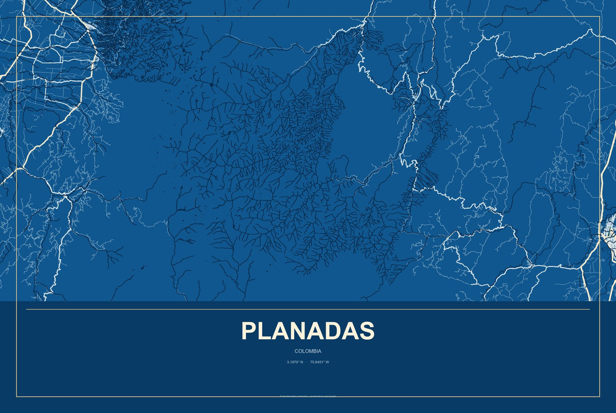 Planadas, Colombia City Map Aluminum Sign in Harbor Cobalt style