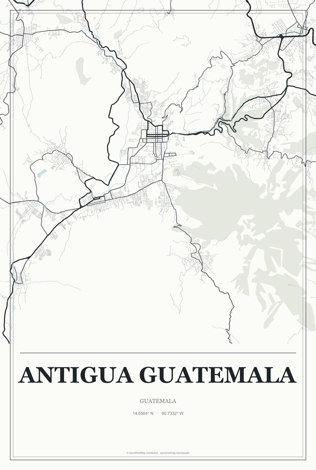 Antigua Guatemala, Guatemala City Map Aluminum Sign in Gallery Air style