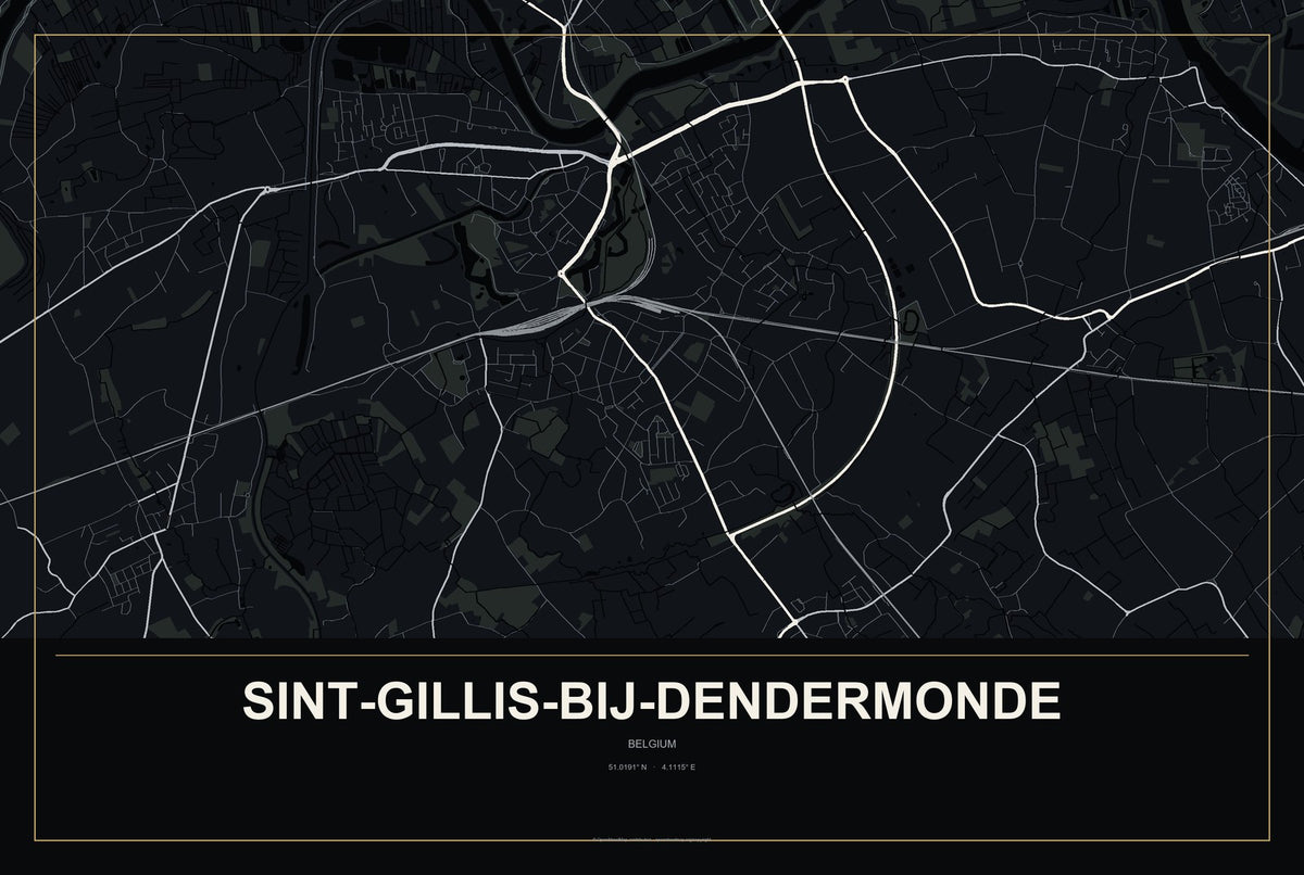 Sint-Gillis-bij-Dendermonde, Belgium City Map Aluminum Sign in Metropolitan Noir style