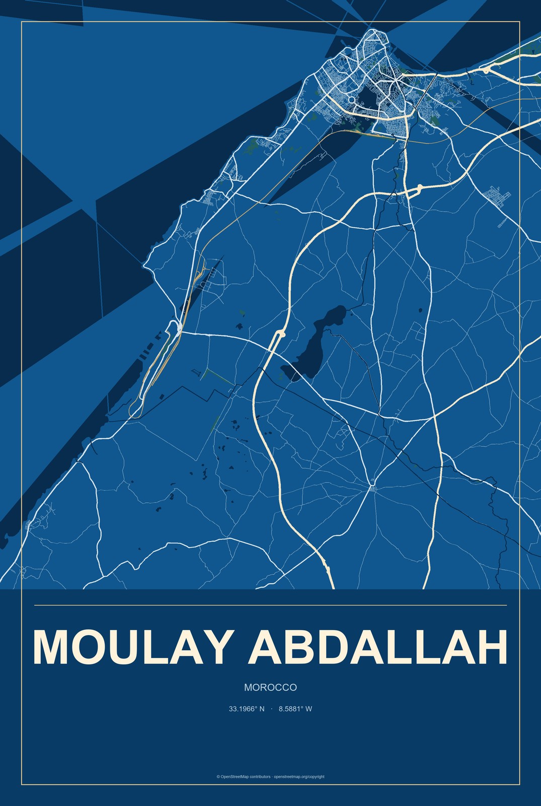 Moulay Abdallah, Morocco City Map Aluminum Sign in Harbor Cobalt style