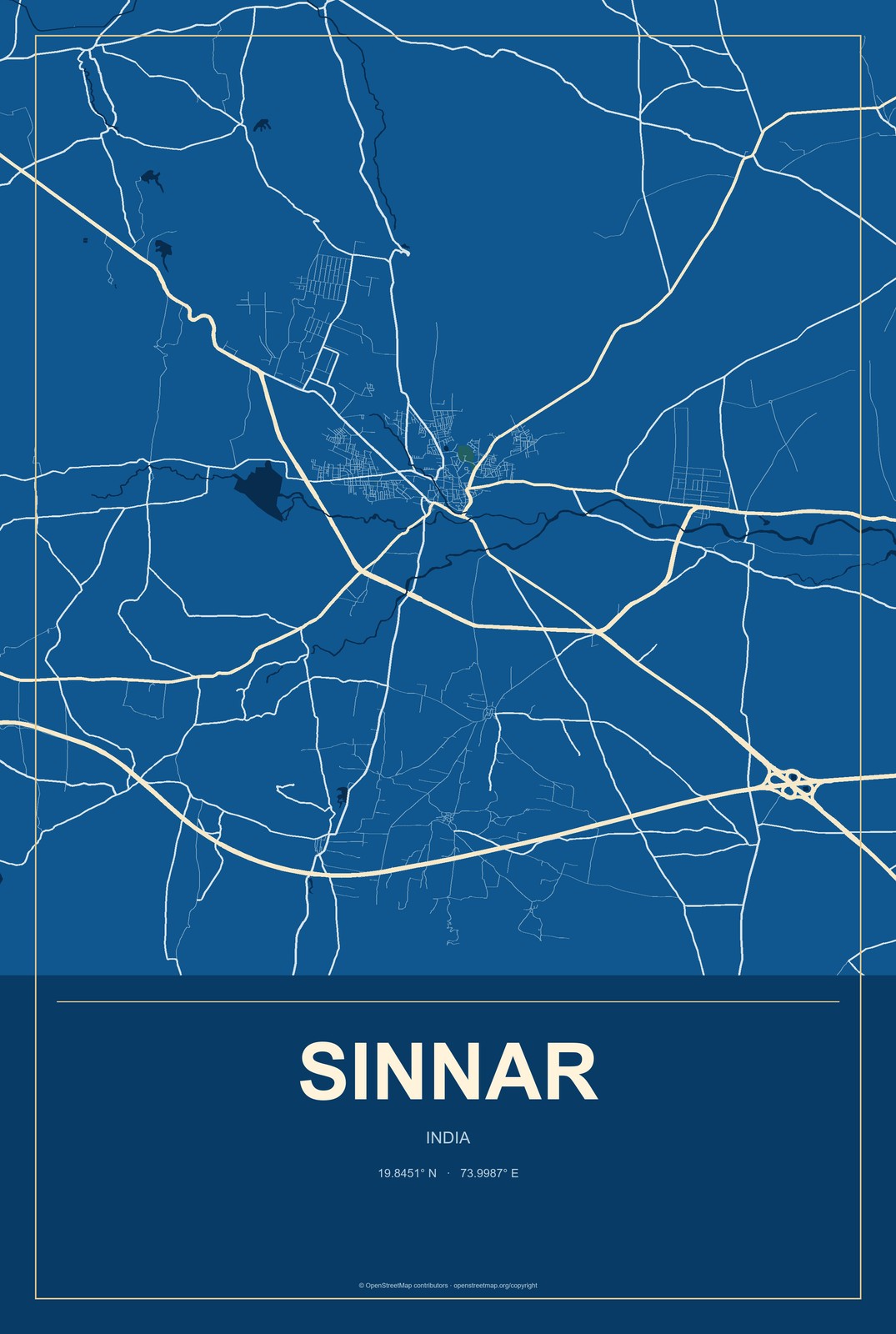 Sinnar, India City Map Aluminum Sign in Harbor Cobalt style