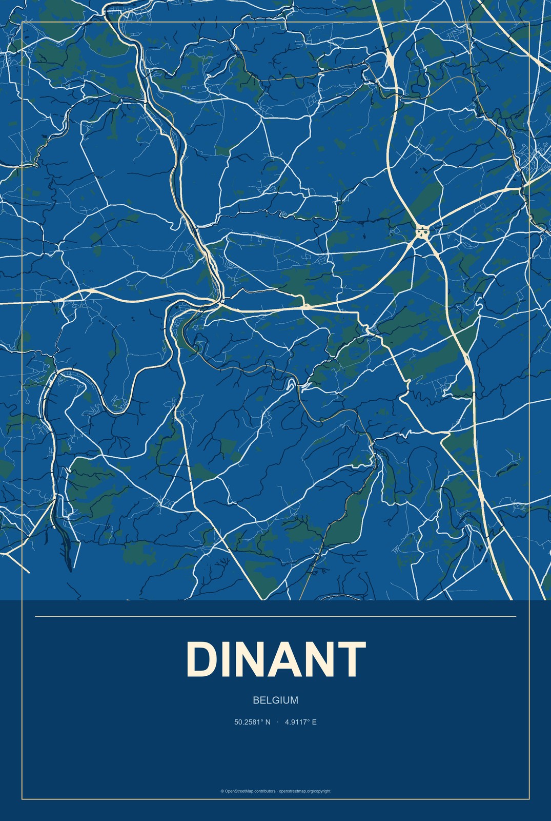 Dinant, Belgium City Map Aluminum Sign in Harbor Cobalt style