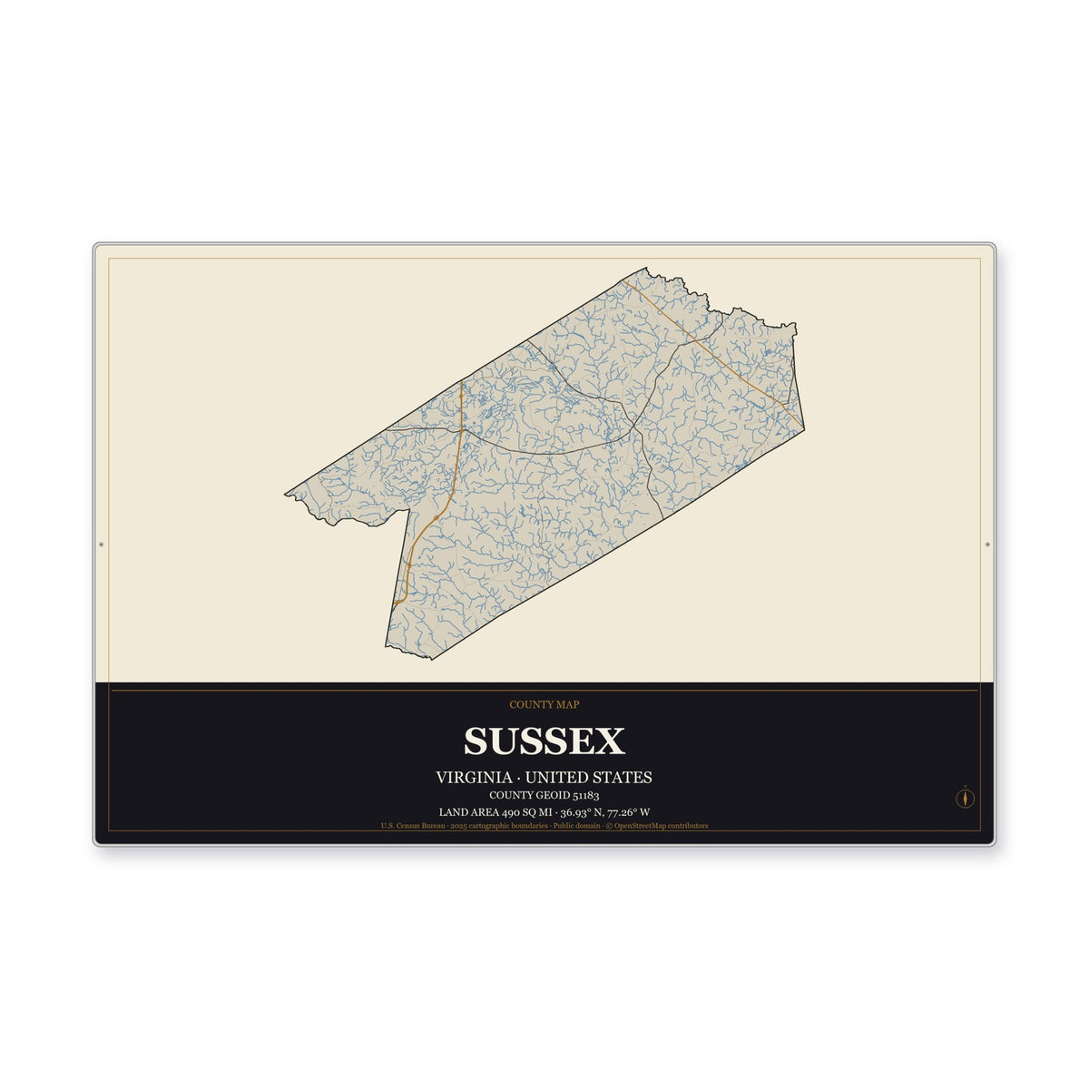 Sussex County, Virginia Map Aluminum Sign in Museum Plaque style