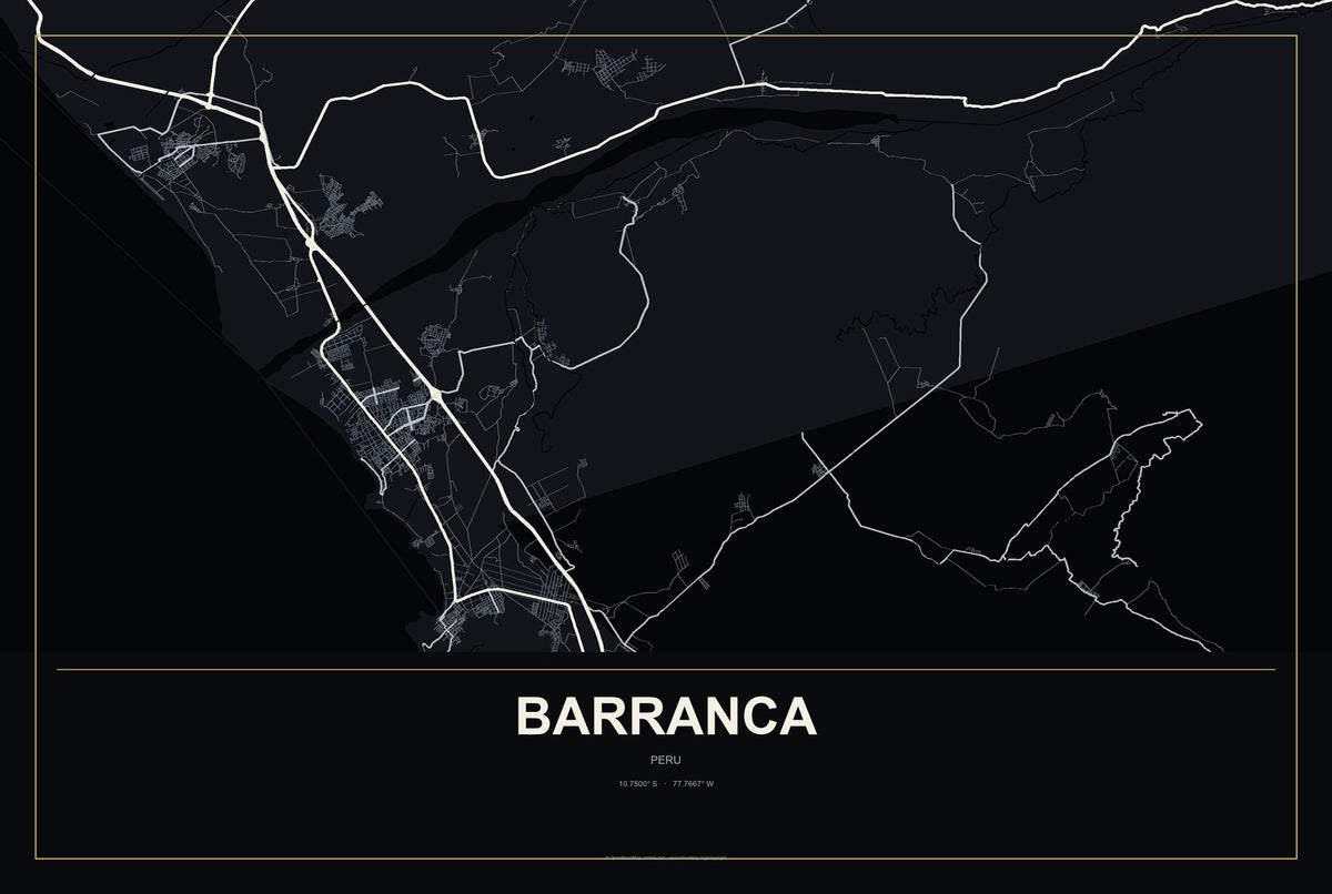 Barranca, Peru City Map Aluminum Sign in Metropolitan Noir style