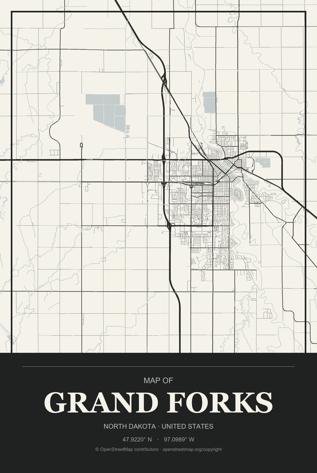 Grand Forks, North Dakota City Map Aluminum Sign in Museum Plaque style