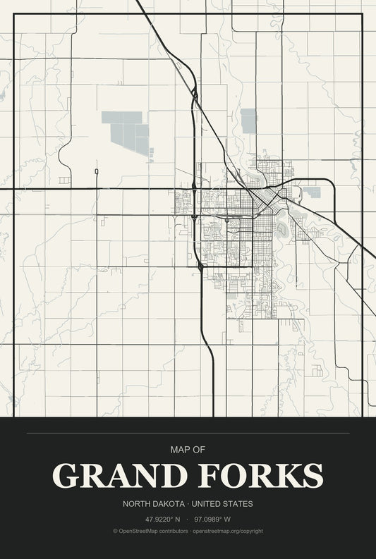 Grand Forks, North Dakota City Map Aluminum Sign in Museum Plaque style