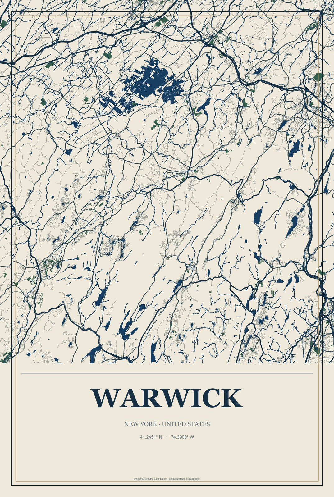 Warwick, New York City Map Aluminum Sign in Coastal Cutout style