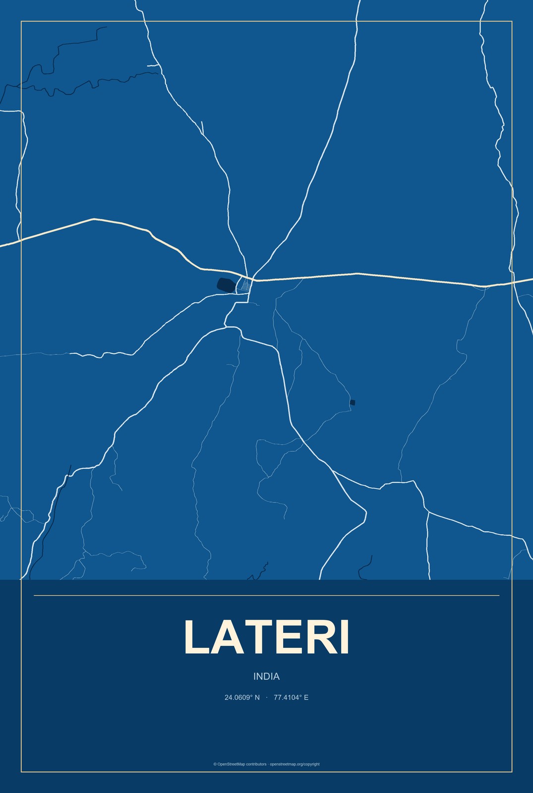 Lateri, India City Map Aluminum Sign in Harbor Cobalt style