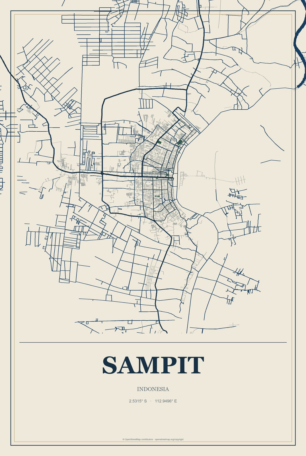 Sampit, Indonesia City Map Aluminum Sign in Coastal Cutout style