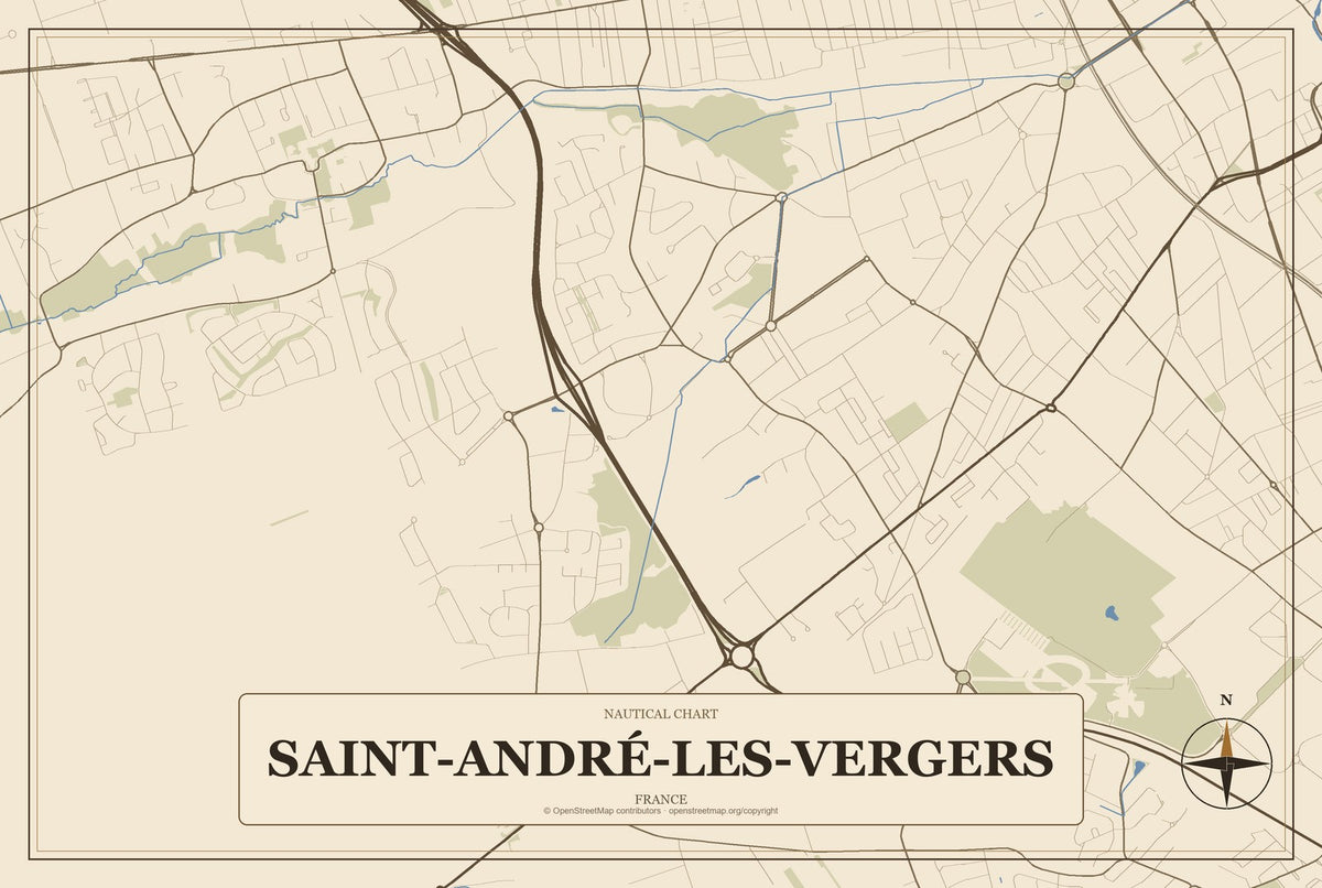 Saint-André-les-Vergers, France City Map Aluminum Sign in Heritage Nautical style