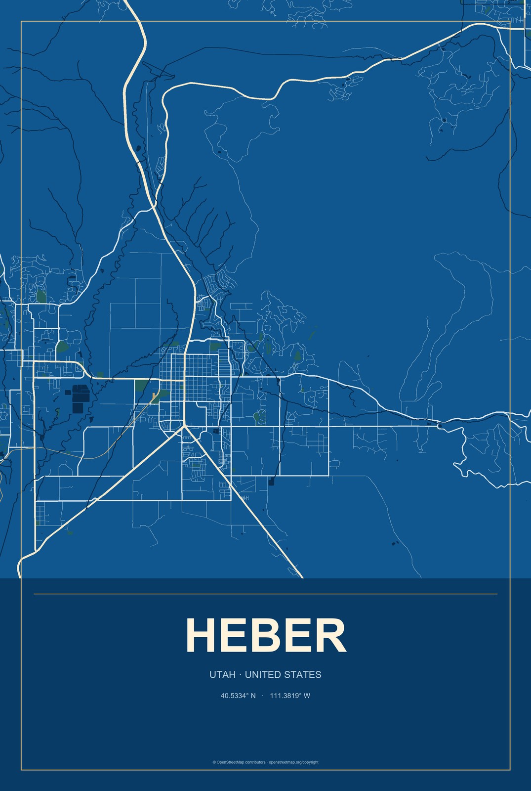 Heber, Utah City Map Aluminum Sign in Harbor Cobalt style