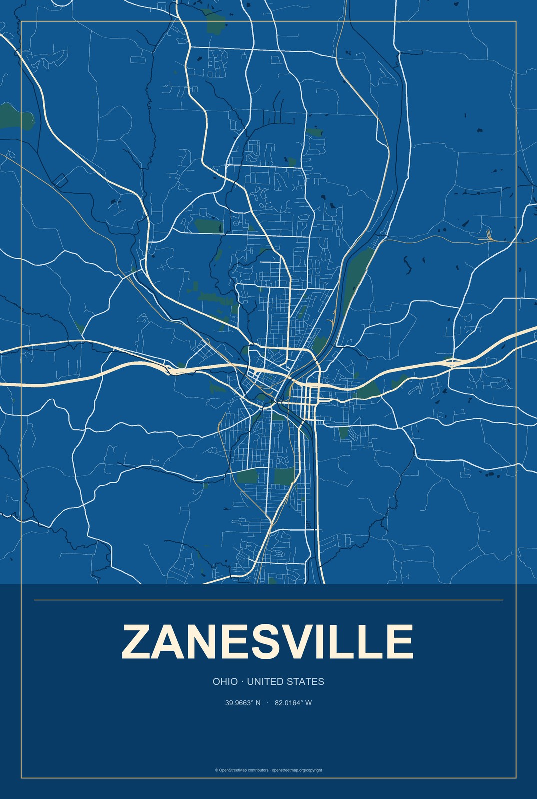 Zanesville, Ohio City Map Aluminum Sign in Harbor Cobalt style
