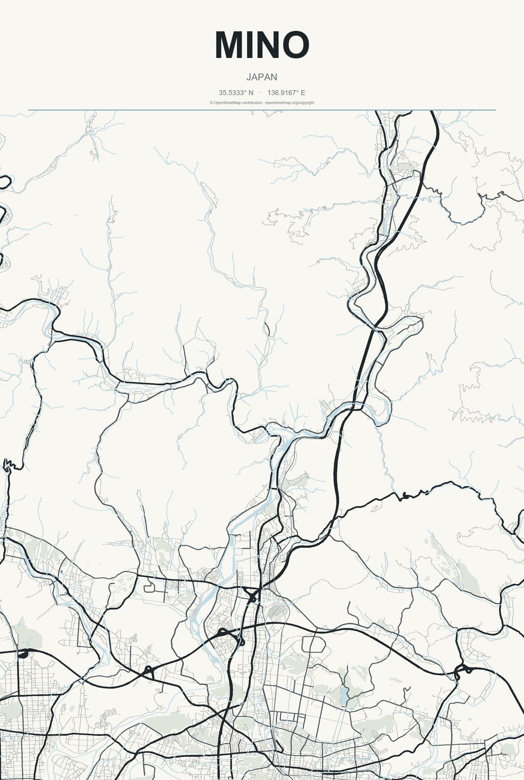 Mino, Japan City Map Aluminum Sign in Headline Atlas style