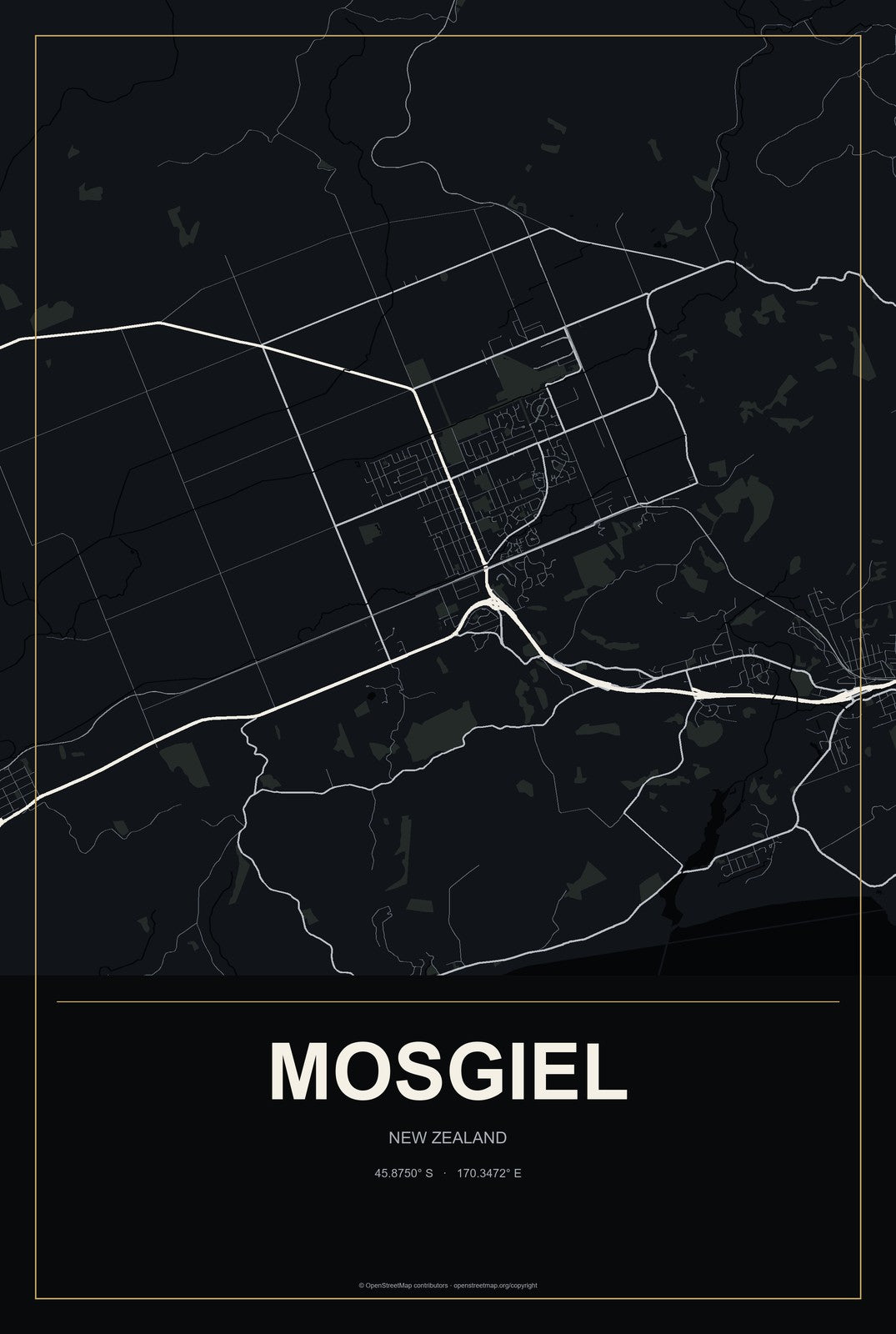 Mosgiel, New Zealand City Map Aluminum Sign in Metropolitan Noir style