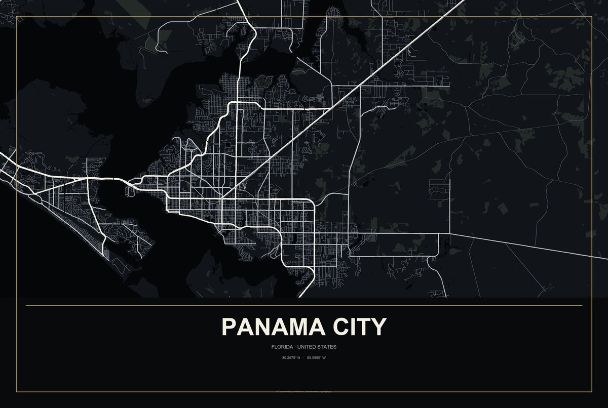Panama City, Florida City Map Aluminum Sign in Metropolitan Noir style