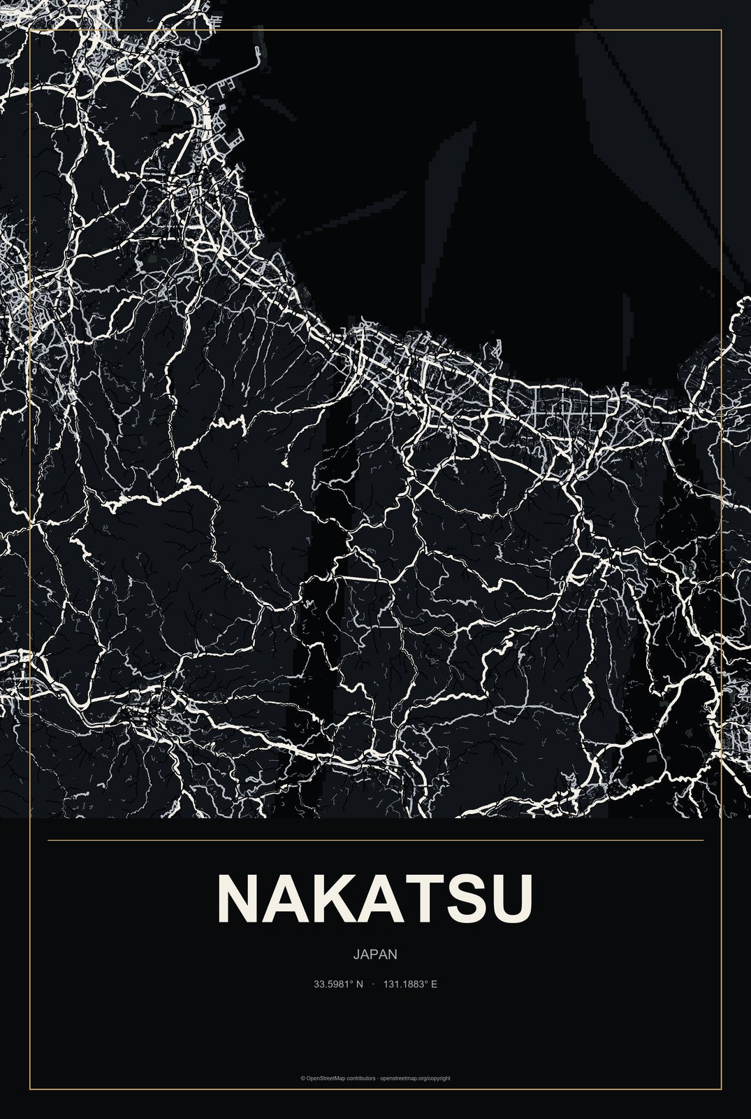 Nakatsu, Japan City Map Aluminum Sign in Metropolitan Noir style