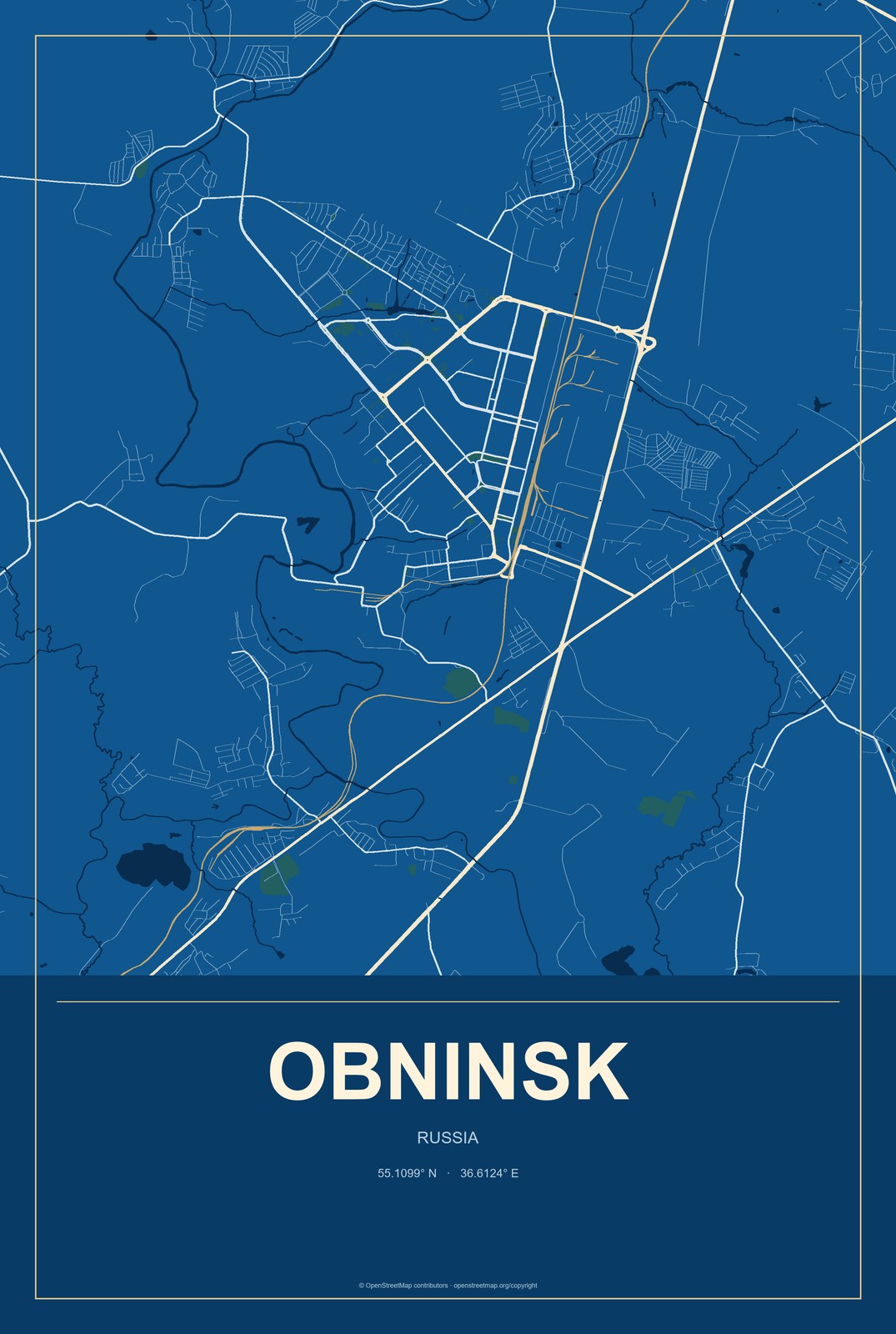 Obninsk, Russia City Map Aluminum Sign in Harbor Cobalt style