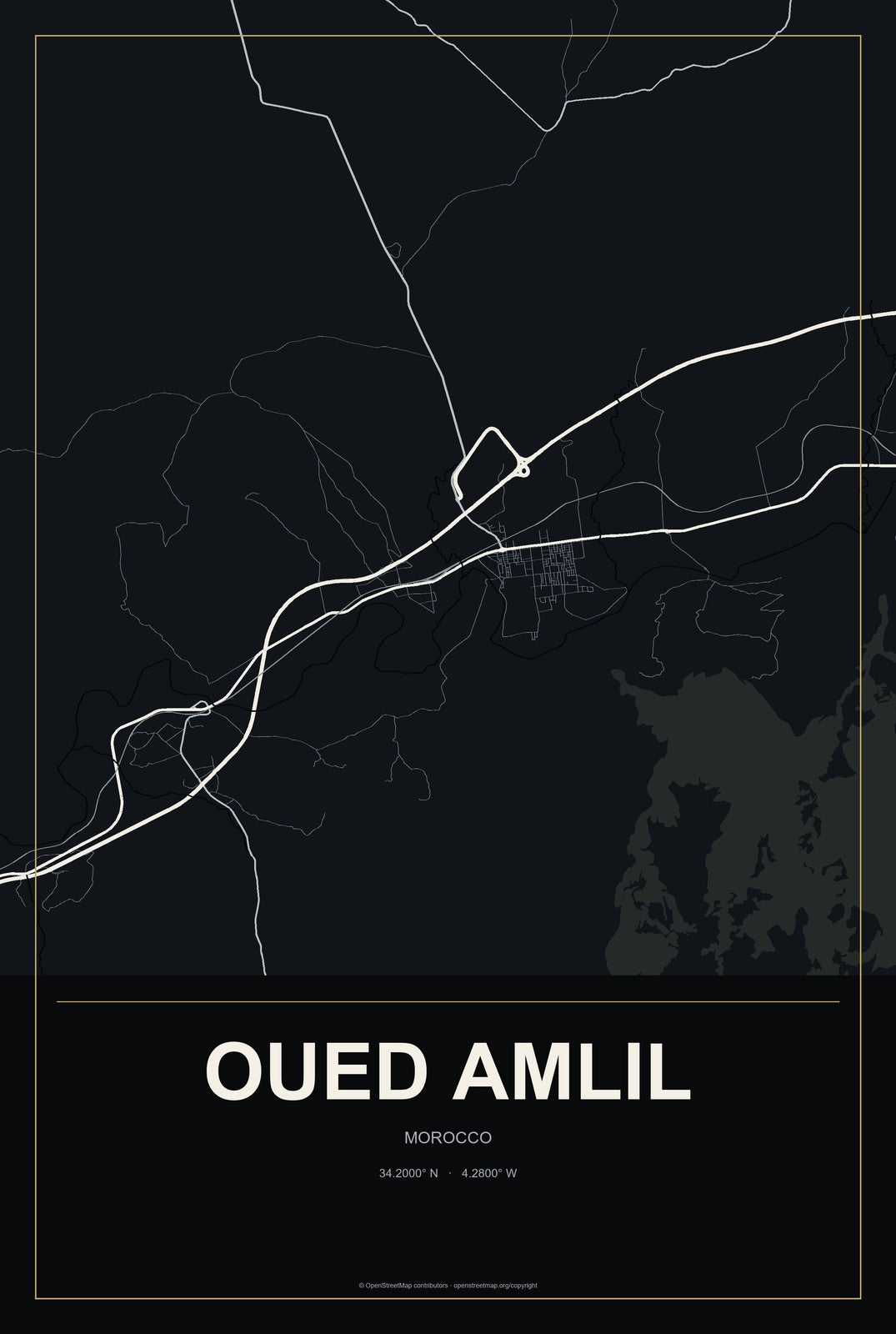 Oued Amlil, Morocco City Map Aluminum Sign in Metropolitan Noir style