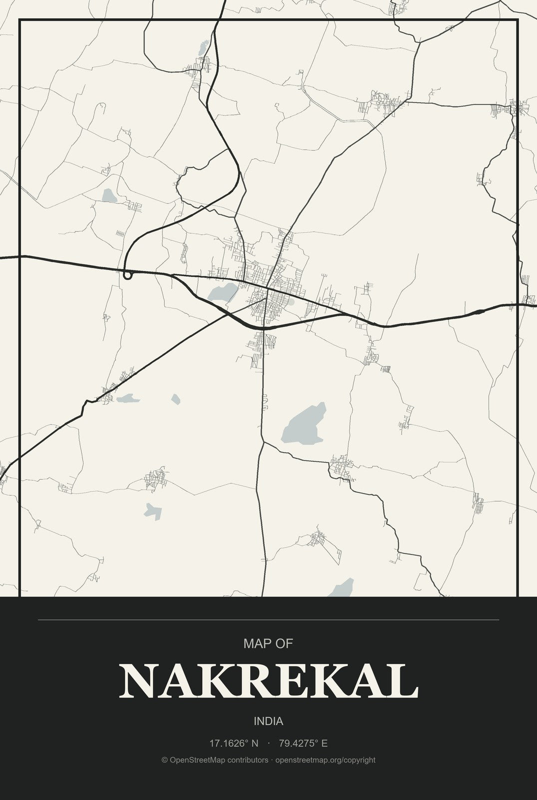 Nakrekal, India City Map Aluminum Sign in Museum Plaque style