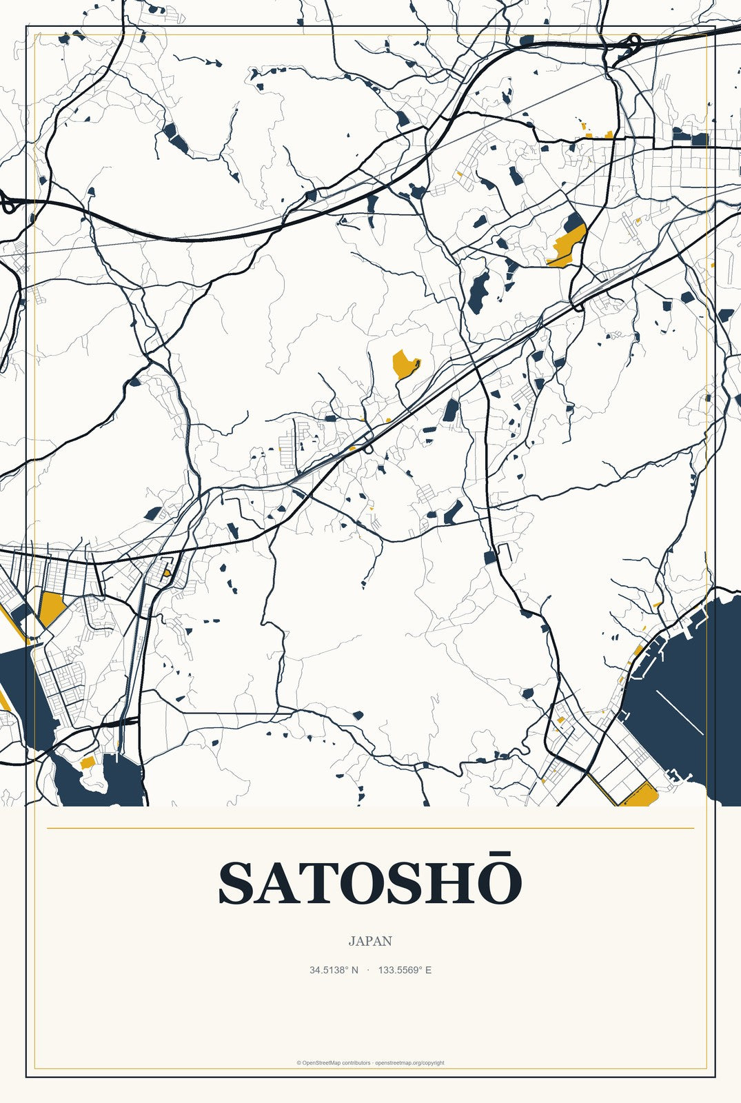 Satoshō, Japan City Map Aluminum Sign in Citrine Modern style