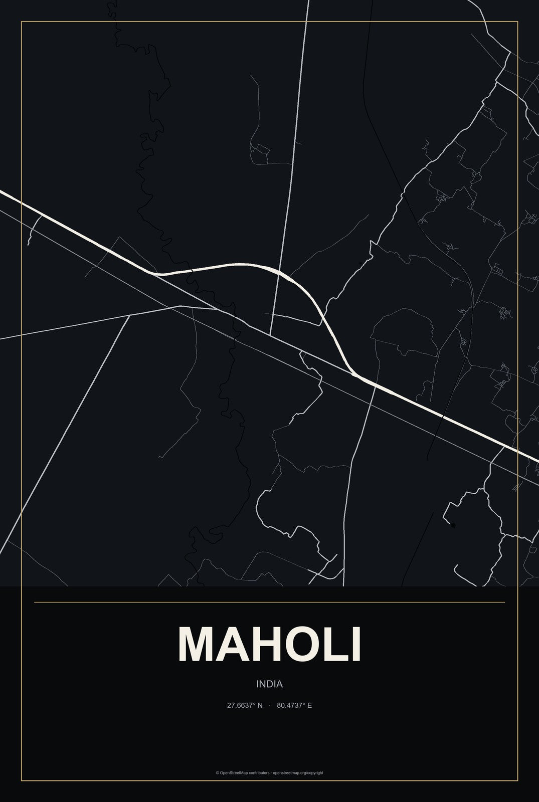 Maholi, India City Map Aluminum Sign in Metropolitan Noir style
