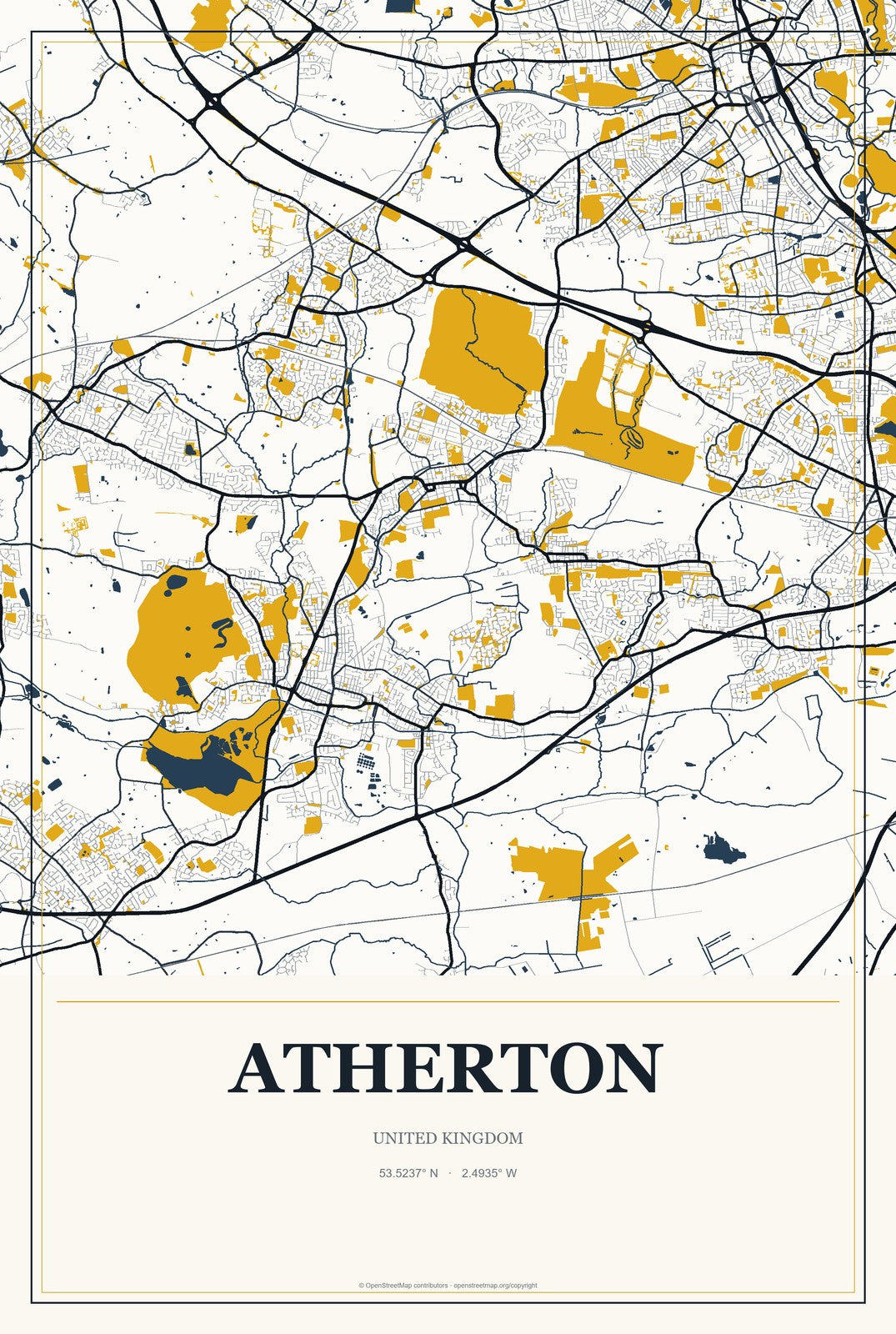 Atherton, United Kingdom City Map Aluminum Sign in Citrine Modern style