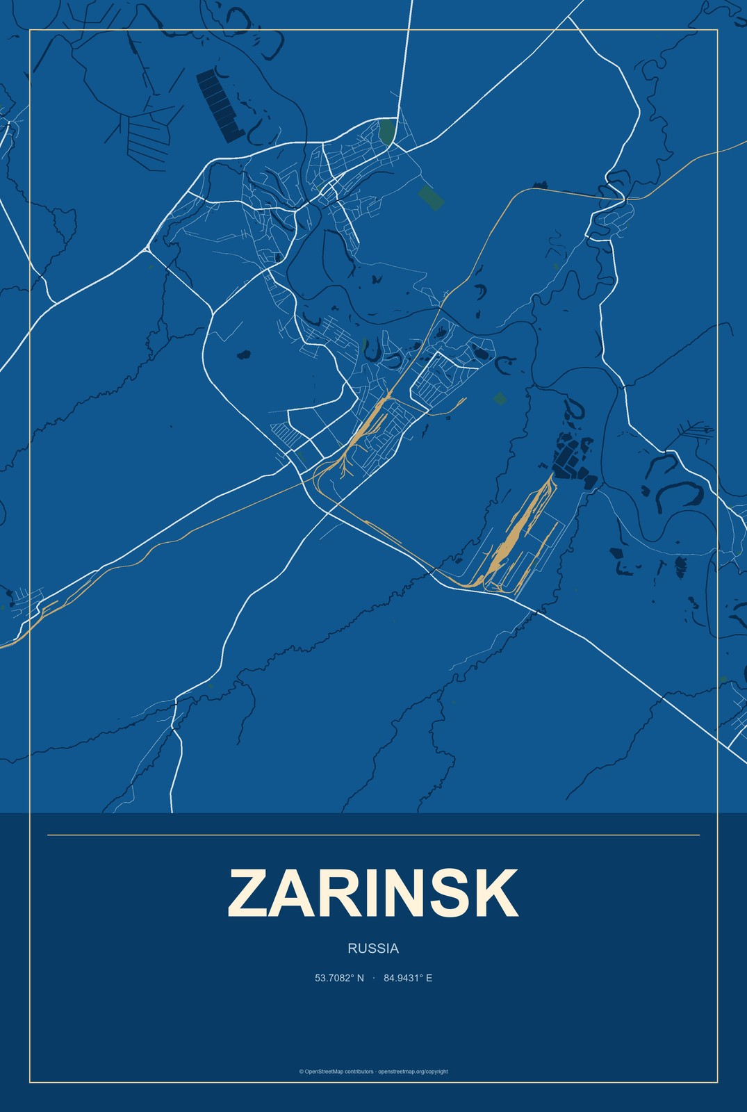 Zarinsk, Russia City Map Aluminum Sign in Harbor Cobalt style