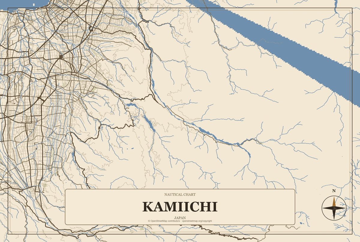 Kamiichi, Japan City Map Aluminum Sign in Heritage Nautical style