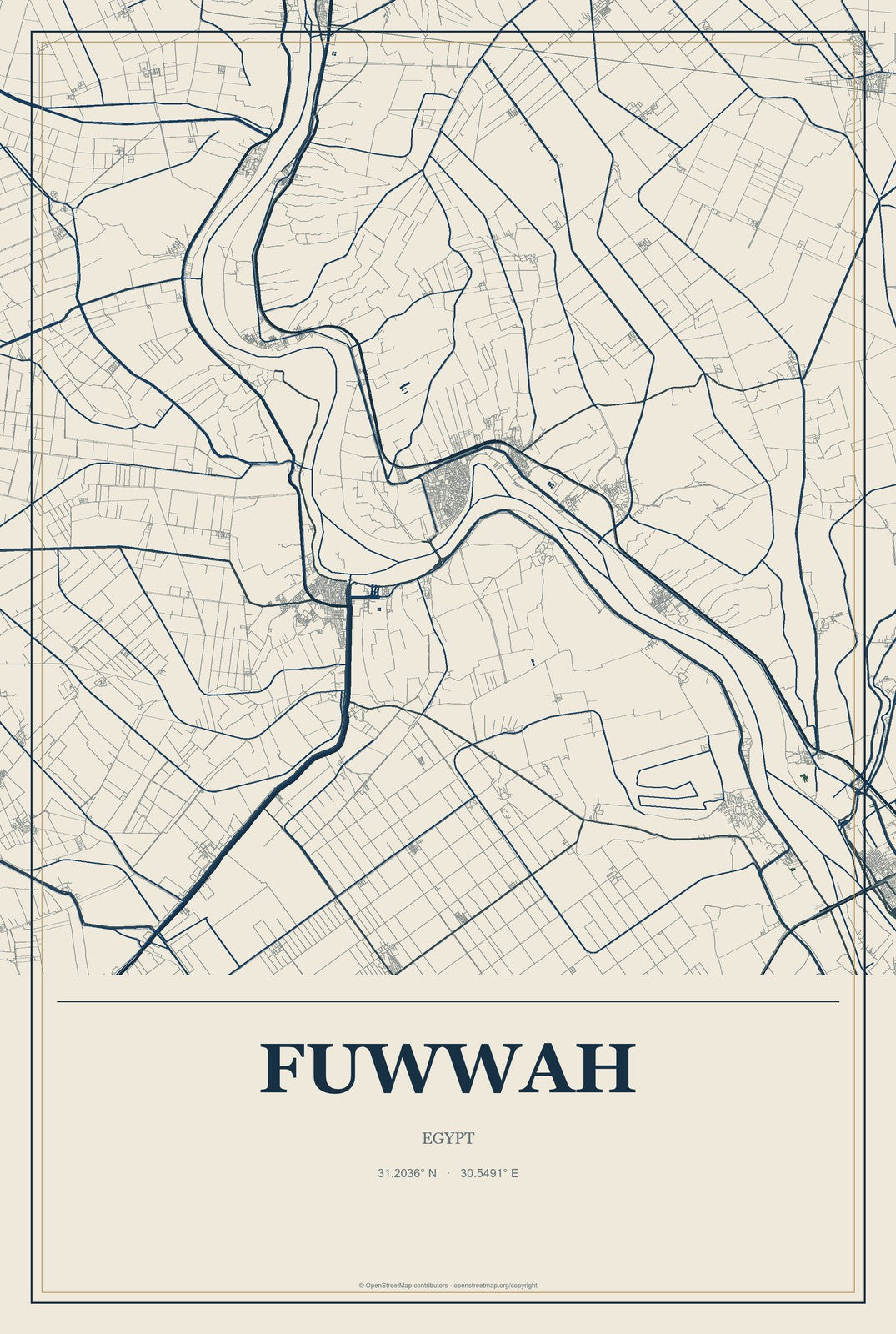 Fuwwah, Egypt City Map Aluminum Sign in Coastal Cutout style