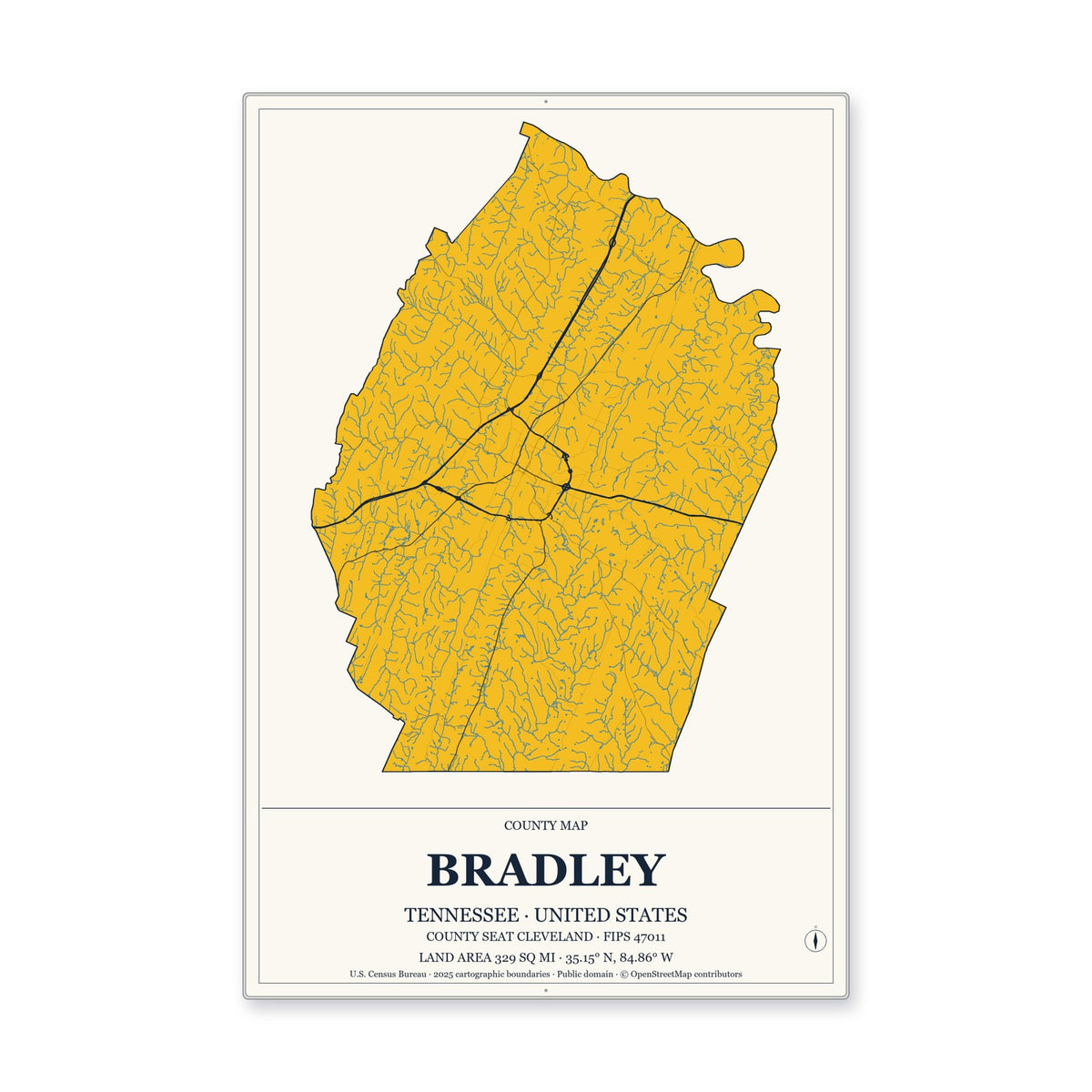 Bradley County, Tennessee Map Aluminum Sign in Citrine Modern style