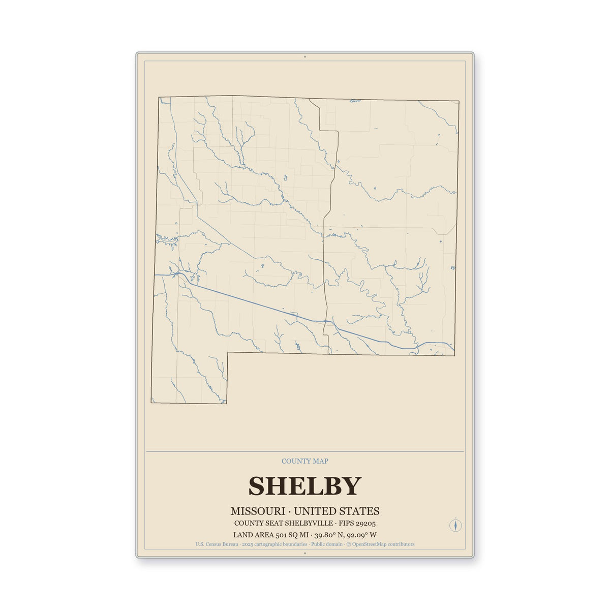 Shelby County, Missouri Map Aluminum Sign in Heritage Nautical style