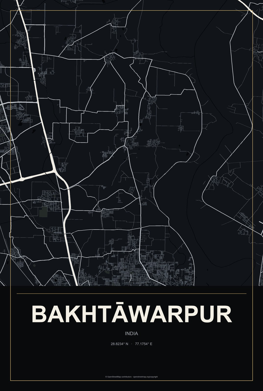 Bakhtāwarpur, India City Map Aluminum Sign in Metropolitan Noir style