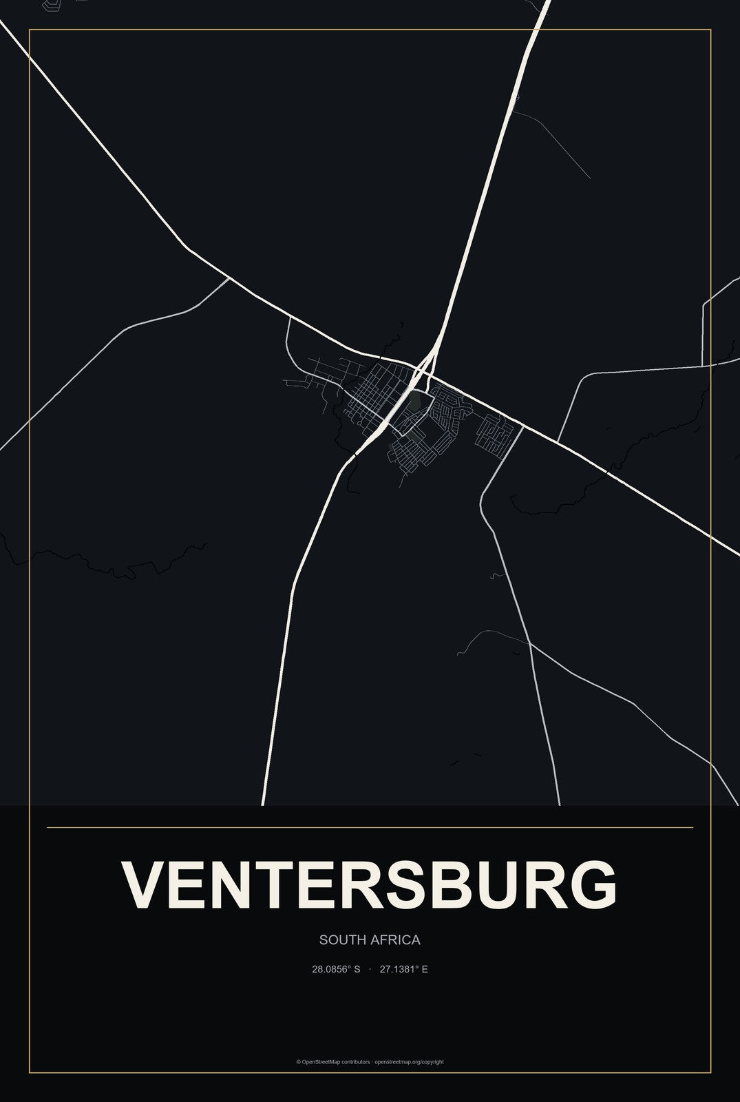 Ventersburg, South Africa City Map Aluminum Sign in Metropolitan Noir style