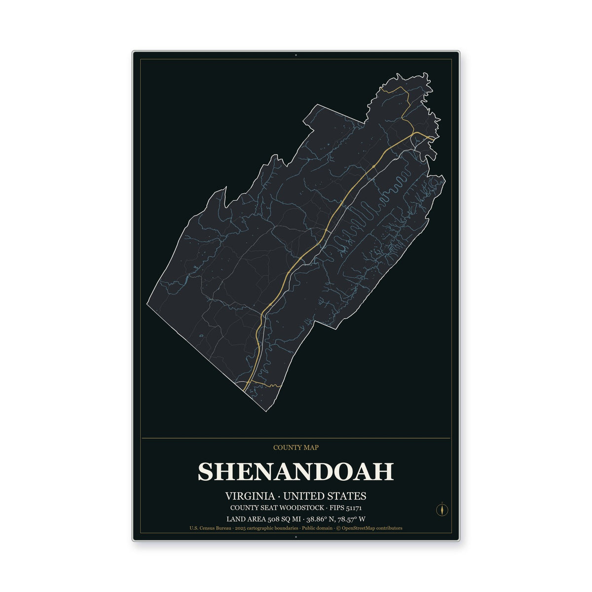 Shenandoah County, Virginia Map Aluminum Sign in Metropolitan Noir style