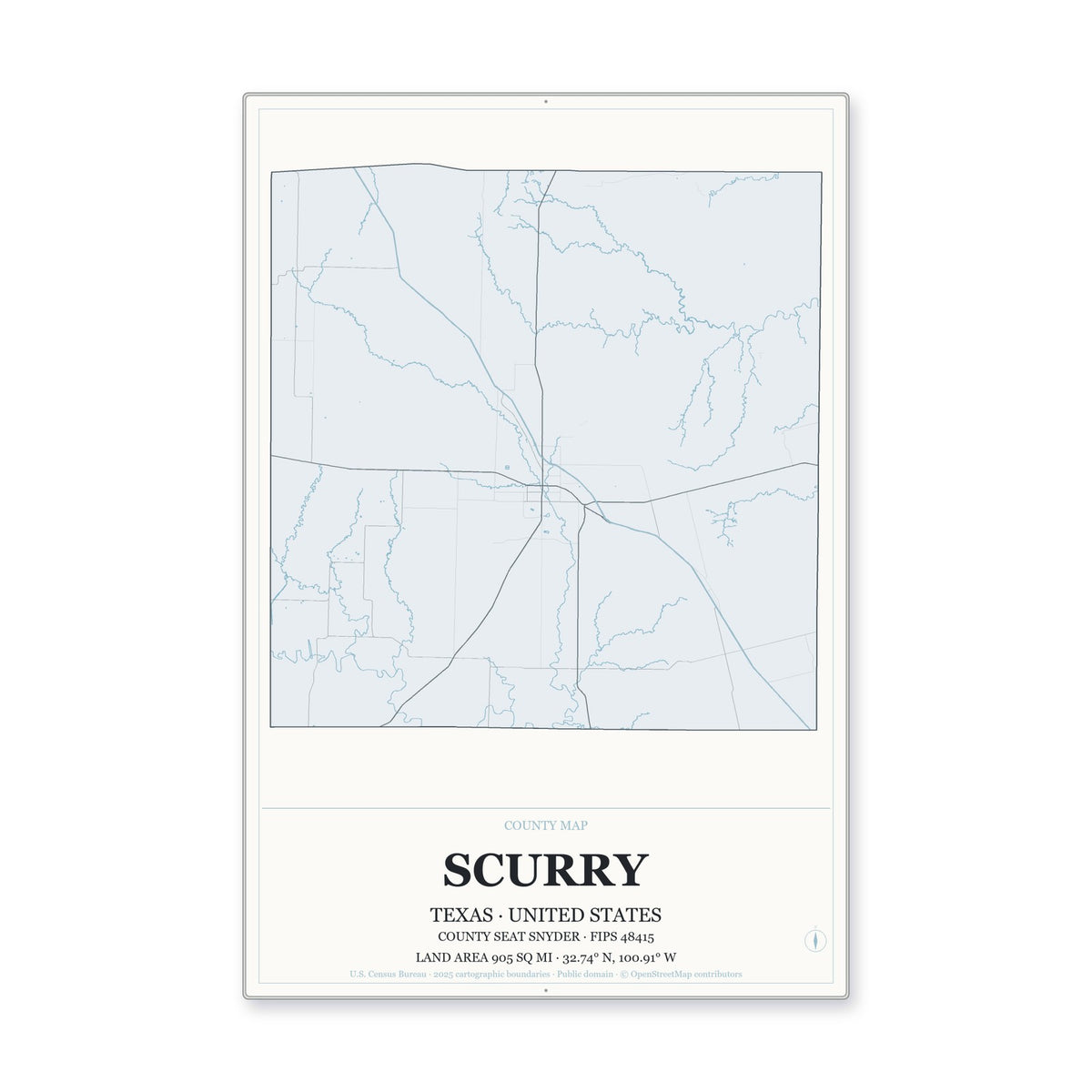 Scurry County, Texas Map Aluminum Sign in Gallery Air style
