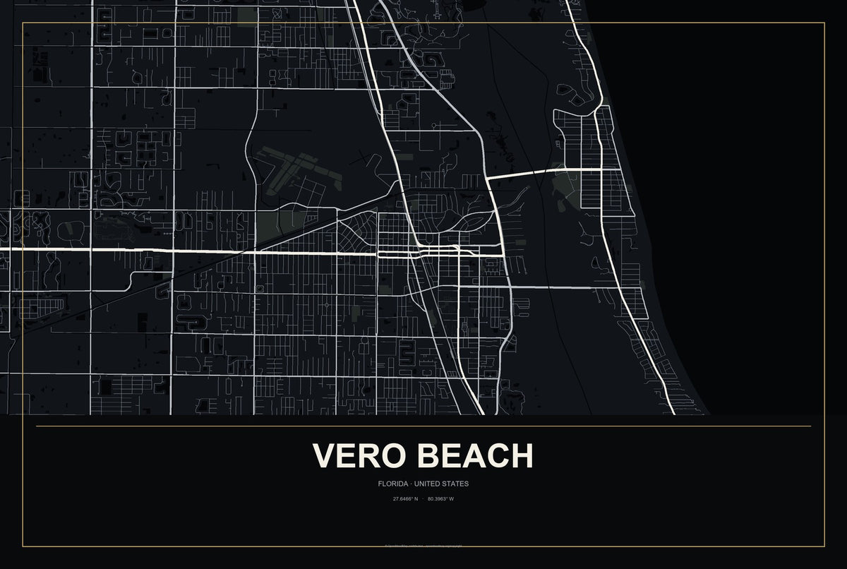 Vero Beach, Florida City Map Aluminum Sign in Metropolitan Noir style