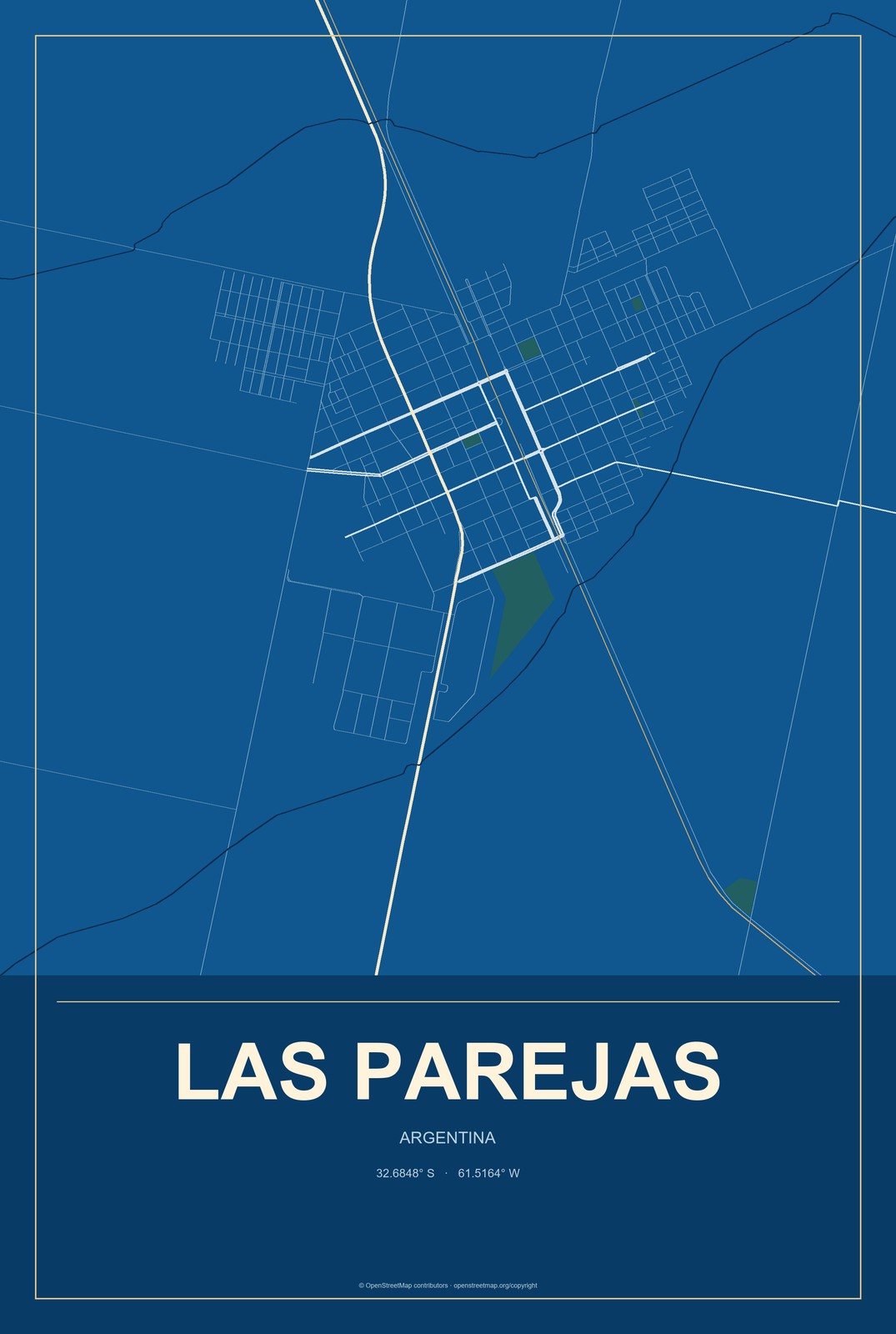 Las Parejas, Argentina City Map Aluminum Sign in Harbor Cobalt style