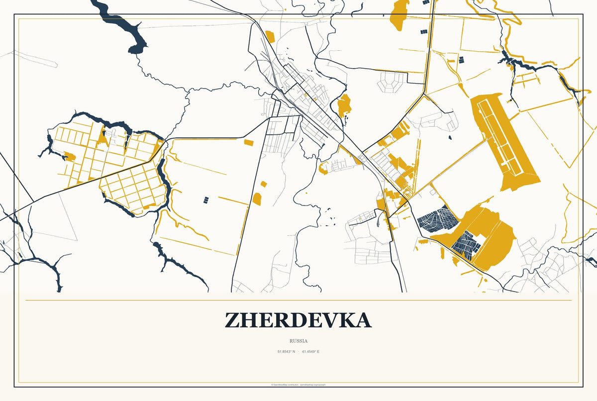 Zherdevka, Russia City Map Aluminum Sign in Citrine Modern style
