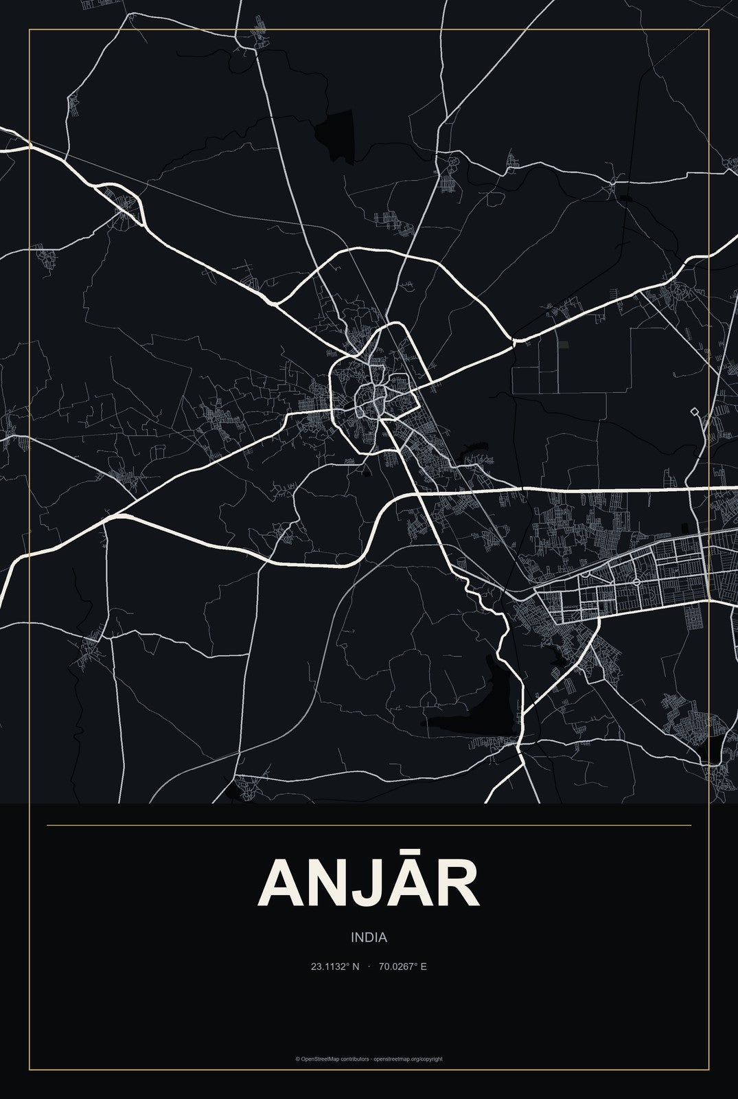 Anjār, India City Map Aluminum Sign in Metropolitan Noir style