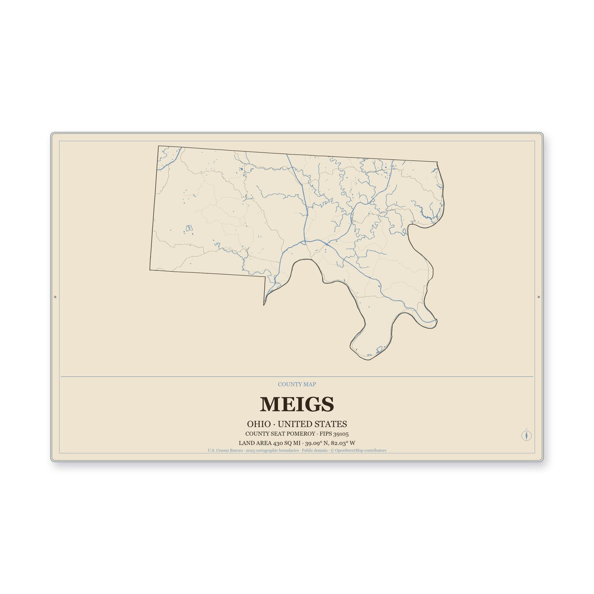 Meigs County, Ohio Map Aluminum Sign in Heritage Nautical style
