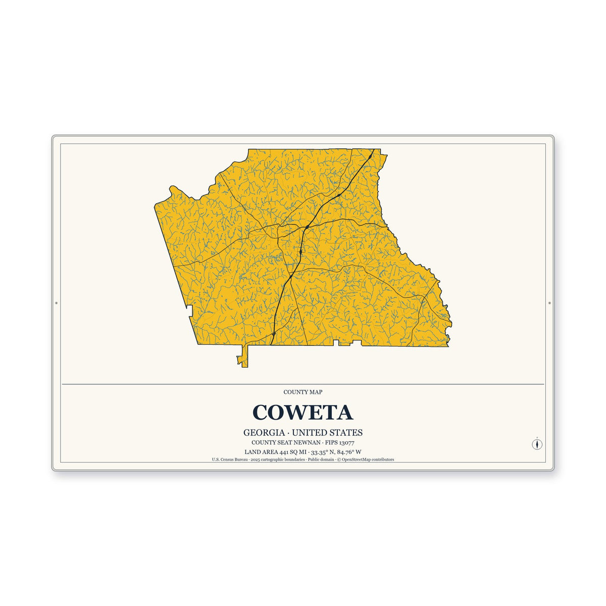 Coweta County, Georgia Map Aluminum Sign in Citrine Modern style