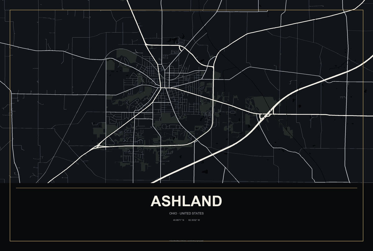 Ashland, Ohio City Map Aluminum Sign in Metropolitan Noir style
